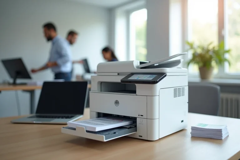 Imprimante multifonction laser couleur Brother MFC-L3770CDW posée sur un bureau professionnel moderne avec des documents imprimés et un ordinateur portable