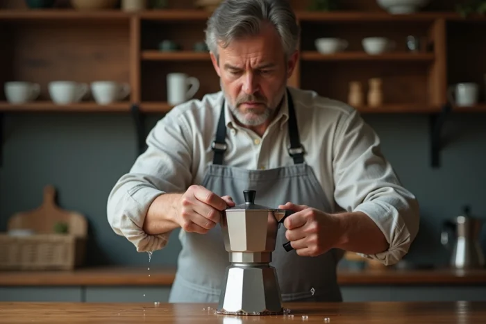 Homme dévissant une cafetière moka italienne pour observer l'eau résiduelle dans le compartiment inférieur