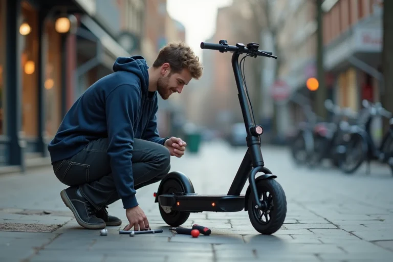 Homme inspectant la roue arrière d'une trottinette électrique Urban Glide 140 sur un trottoir urbain
