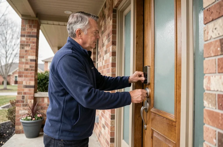 Homme installant une serrure connectée sur la porte d'entrée de sa maison pour renforcer la sécurité