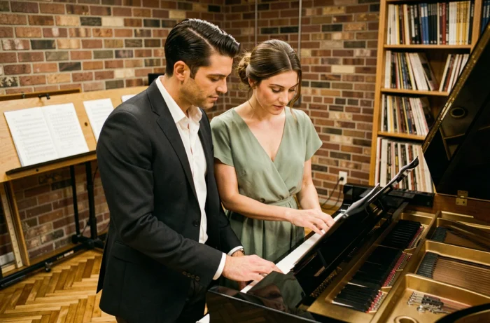 Philippe Jaroussky et Marie partageant un moment complice autour d'un piano à queue dans un studio de répétition chaleureux