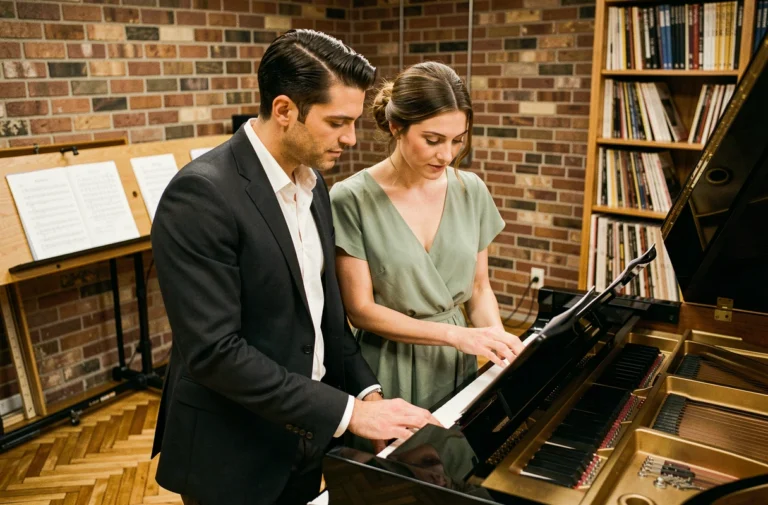 Philippe Jaroussky et Marie partageant un moment complice autour d'un piano à queue dans un studio de répétition chaleureux