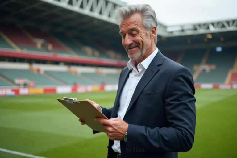 Portrait d'un ancien footballeur reconverti en personnalité du sport sur le bord d'un terrain de football en Europe, symbolisant le parcours et le succès de Jean-Pierre Papin