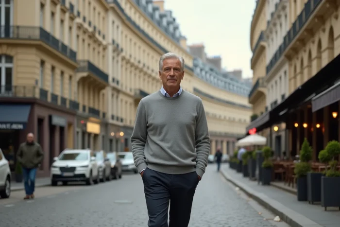 Portrait environnemental d'une figure du football français marchant dans une rue pavée d'une grande ville française, illustrant la réussite et le style de vie aisé de Jean-Pierre Papin