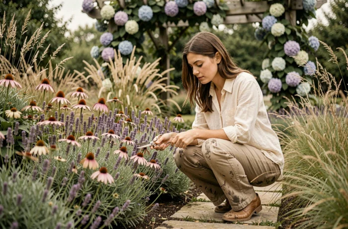 Jeune femme à genoux dans un massif de vivaces en été, supprimant les fleurs fanées de lavande et d'échinacée dans un jardin résidentiel bien établi