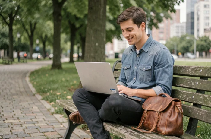 Jeune freelance travaillant sur son ordinateur portable en plein air dans un parc urbain, illustrant la liberté du travail indépendant