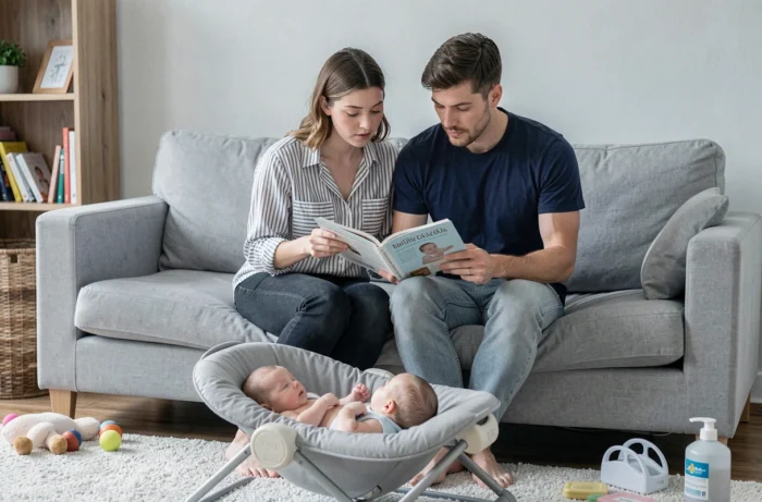 Jeunes parents consultant un guide de puériculture ensemble dans leur salon pendant que leur bébé repose dans un transat, astuces pour nouveaux parents