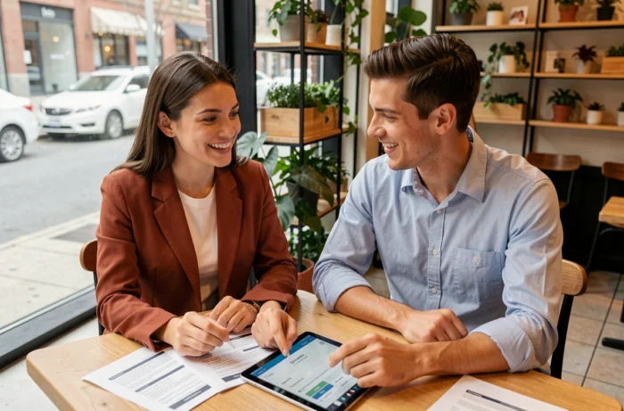 Deux jeunes professionnels collaborant sur des outils de recherche d'emploi et un tableau de bord de plateforme carrière dans un café urbain