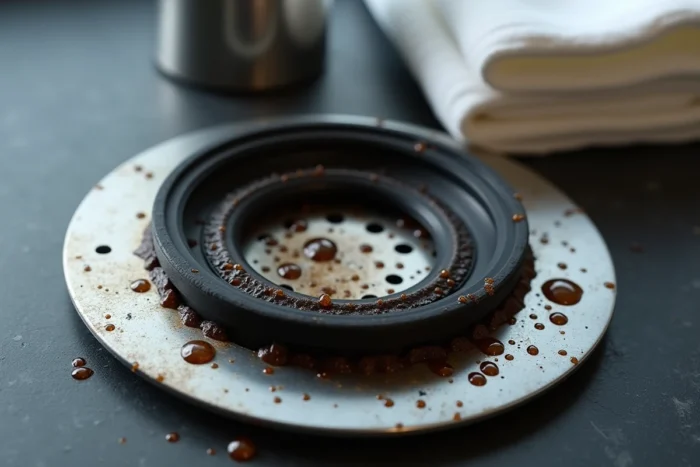 Gros plan sur le joint et le filtre d'une cafetière italienne démontée avec des gouttelettes d'eau visibles