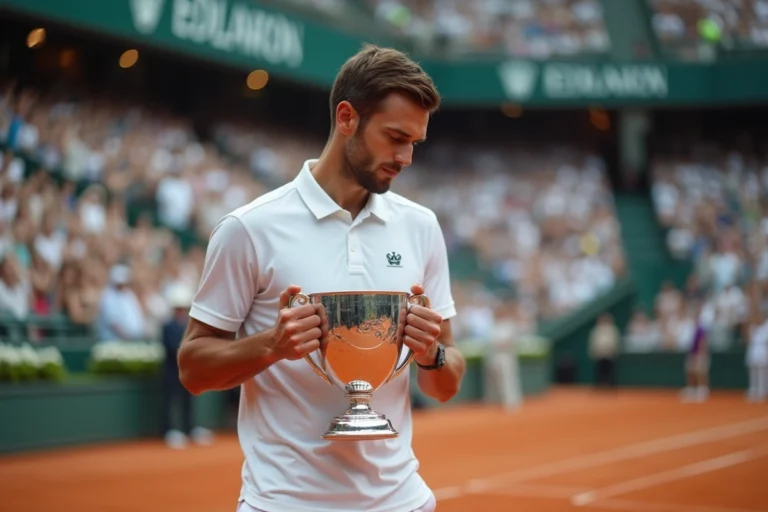 Joueur de tennis professionnel tenant fièrement un trophée de Grand Chelem sur un court en terre battue devant un stade comble