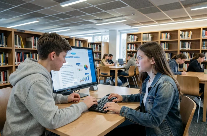 Deux lycéens consultant une plateforme numérique éducative dans une bibliothèque scolaire française