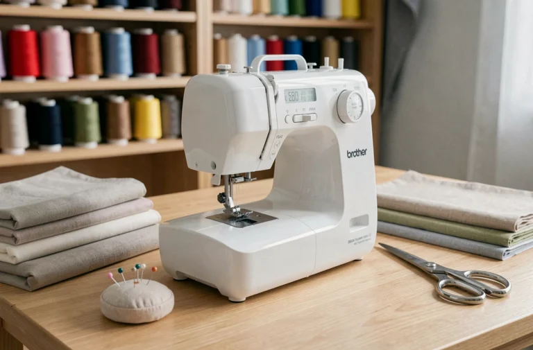 Machine à coudre Brother FS40 posée sur un établi en bois dans un atelier de couture organisé, entourée de tissus et d'accessoires de couture