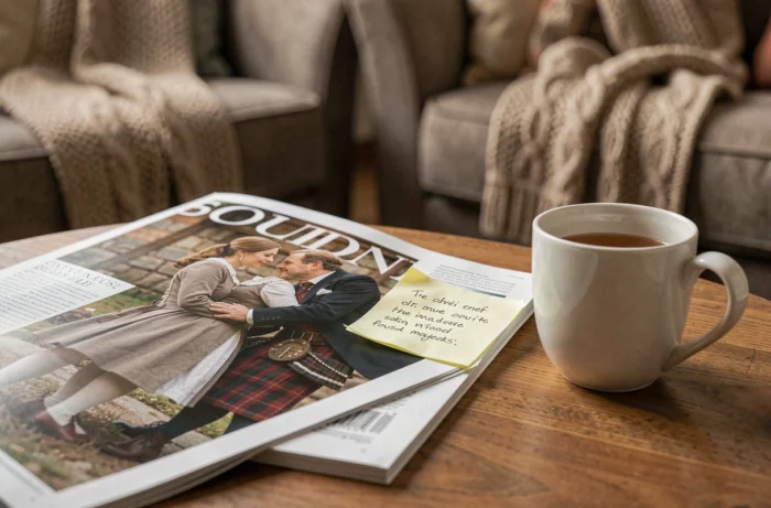 Magazine ouvert sur une scène romantique de drama écossais posé sur une table basse avec une tasse de thé