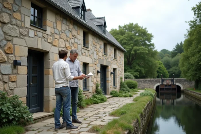 Couple de porteurs de projet devant une maison éclusière en granit breton à vendre dans le Finistère au bord d'un canal