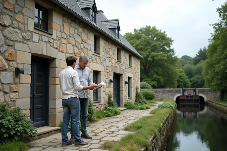 Couple de porteurs de projet devant une maison éclusière en granit breton à vendre dans le Finistère au bord d'un canal
