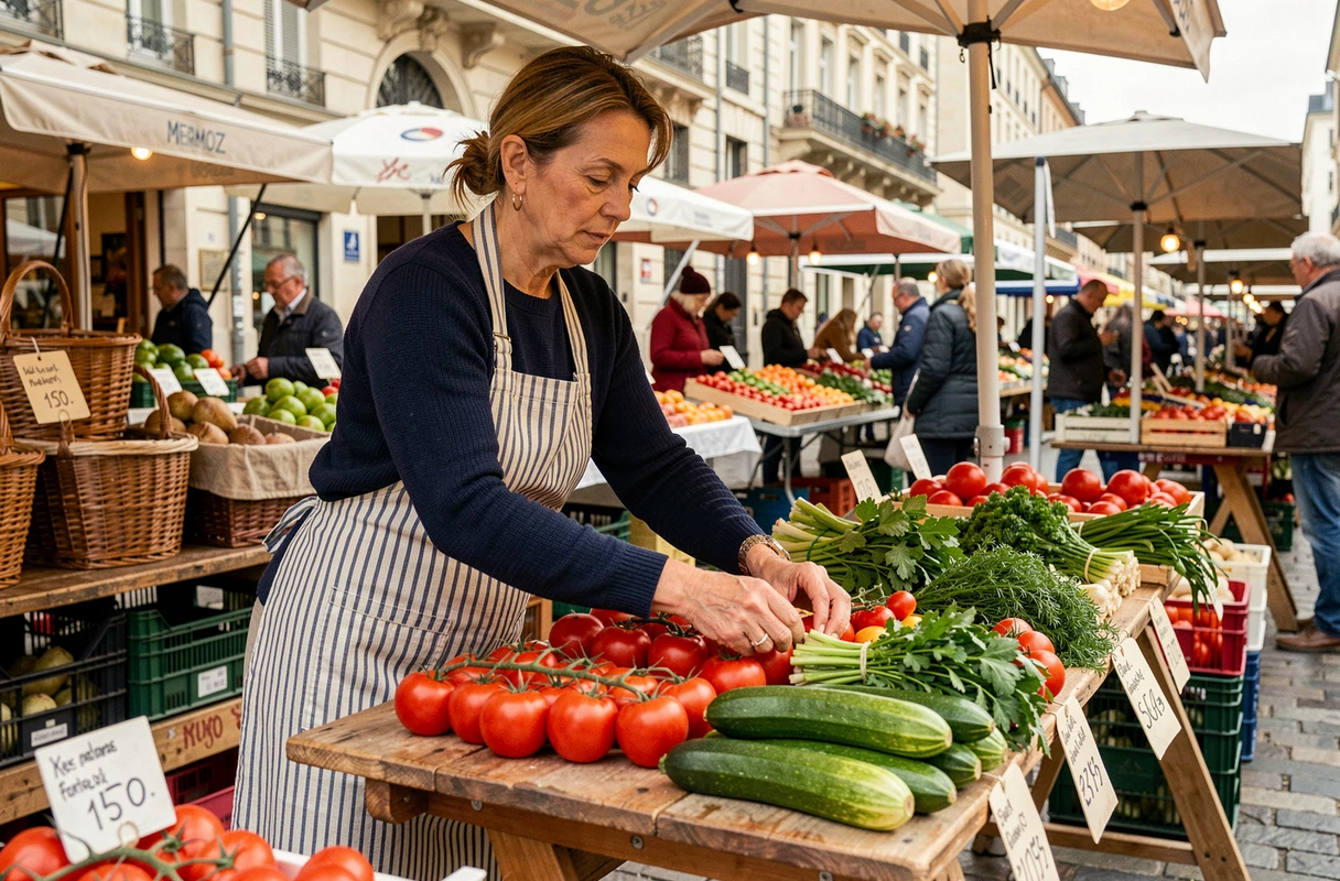 Marchande de légumes frais sur un marché local du quartier Mermoz à Lyon, avec des étals colorés et des clients en arrière-plan flou