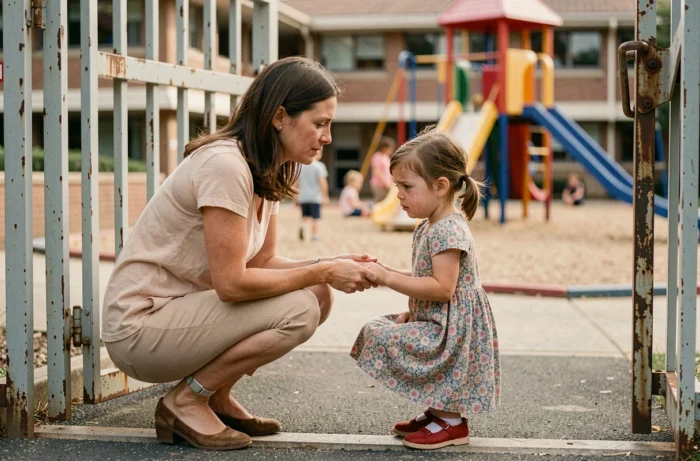 Mère réconfortant sa fille en pleurs à l'entrée de l'école, évoquant la didaskaleinophobie et l'anxiété scolaire chez les jeunes enfants