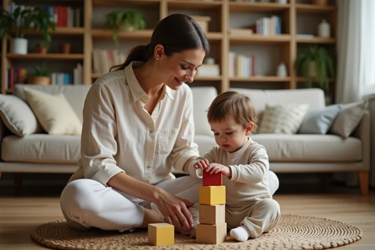 Mère accompagnant son enfant en bas âge dans un jeu de construction en bois sur le sol d'un salon chaleureux