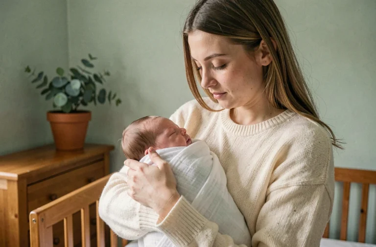 Jeune mère tenant tendrement son nouveau-né dans une chambre de bébé décorée avec soin, illustrant les bases de la puériculture