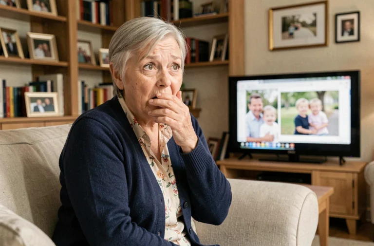 Mère âgée regardant une scène romantique à la télévision avec une expression amusée et légèrement gênée