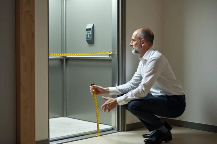 Architecte mesurant les dimensions intérieures d'un ascenseur d'immeuble avec un mètre ruban