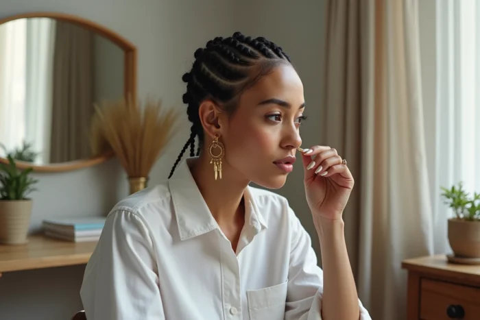 Femme nord-africaine avec des micro-tresses ornées de bagues dorées sur cheveux courts à la maison