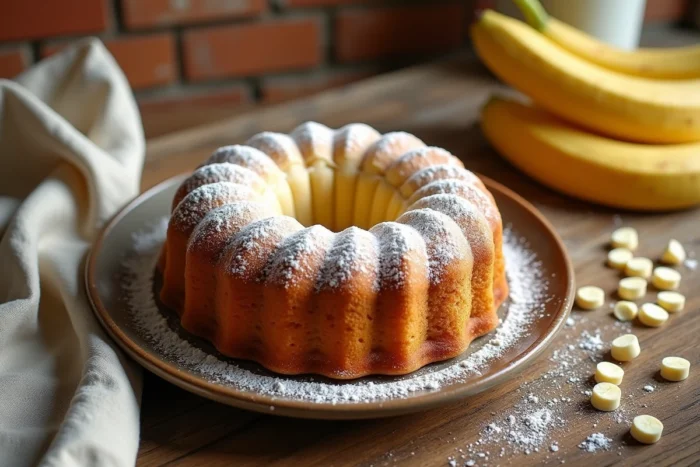 Moelleux à la banane et chocolat blanc sur une assiette en céramique rustique, saupoudré de sucre glace, entouré de bananes mûres et d'éclats de chocolat blanc sur une table en chêne