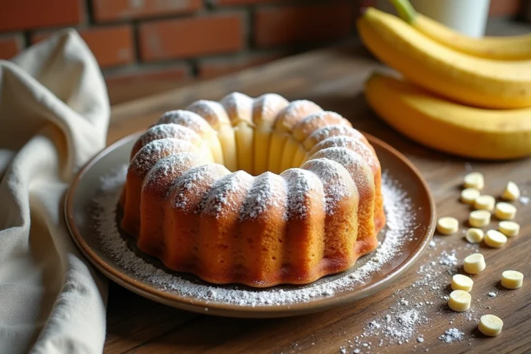 Moelleux à la banane et chocolat blanc sur une assiette en céramique rustique, saupoudré de sucre glace, entouré de bananes mûres et d'éclats de chocolat blanc sur une table en chêne