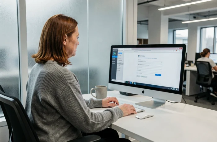 Femme paramétrant la messagerie mail Akeonet sur un ordinateur de bureau au bureau