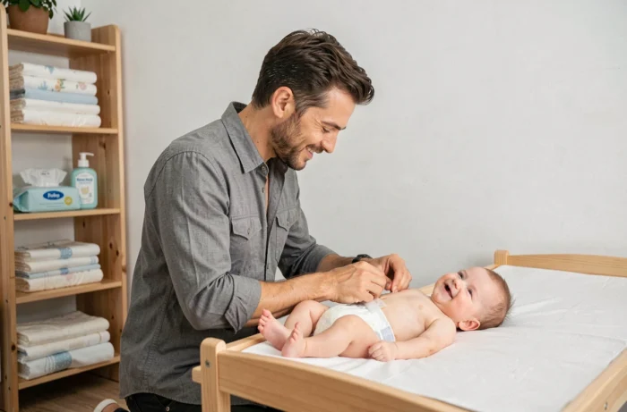 Père changeant la couche de son bébé sur une table à langer bien organisée, conseils pratiques de puériculture pour jeunes parents