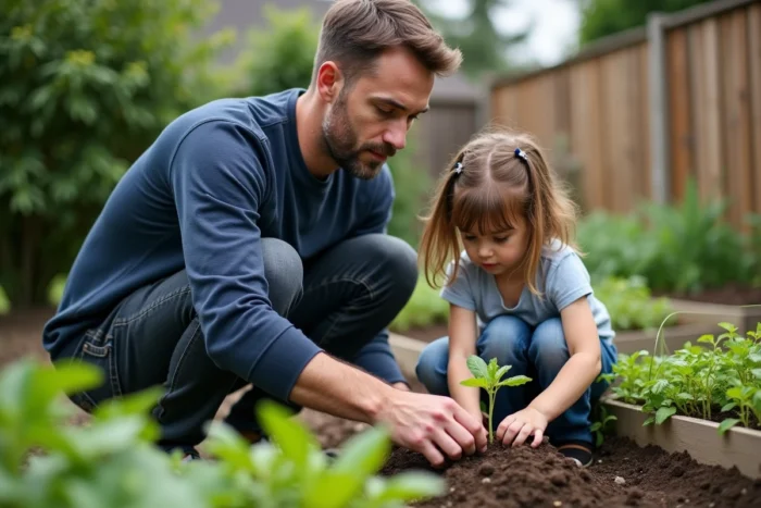 Père et fillette plantant des légumes ensemble dans un potager de jardin, moment de partage éducatif en plein air