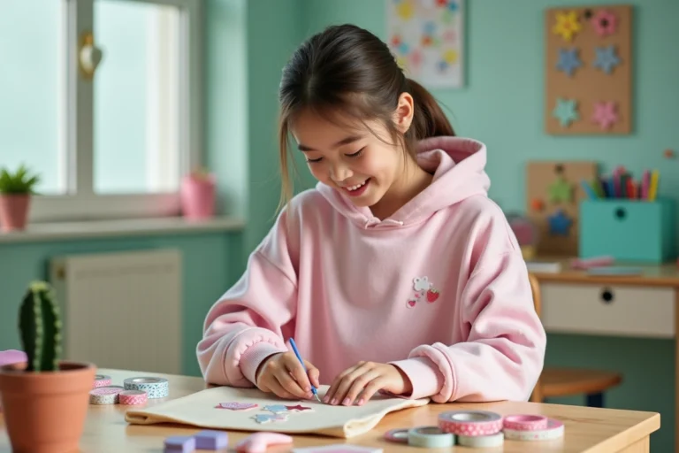 Adolescente personnalisant son cartable kawaii avec des patches et du washi tape coloré sur un bureau en bois