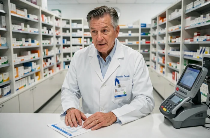 Pharmacien expérimenté conseillant un patient en s'appuyant sur un plan de soins dans une officine moderne