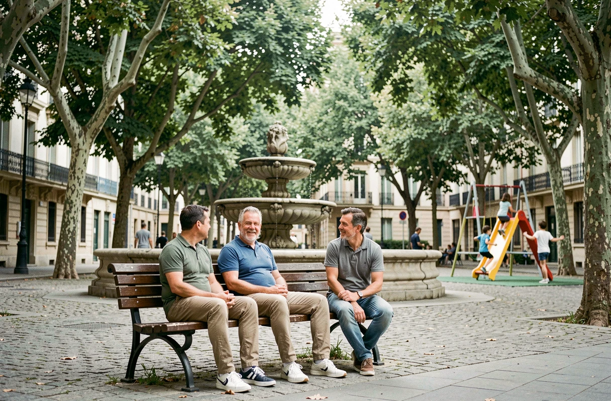 Hommes discutant sur un banc dans une place arborée du quartier Mermoz à Lyon, avec une fontaine en pierre et des enfants jouant en arrière-plan