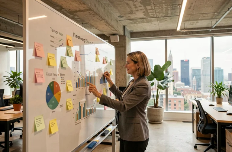 Une professionnelle en train d'analyser un tableau de placements diversifiés dans un bureau financier moderne, symbolisant les stratégies d'épargne dynamiques en 2024