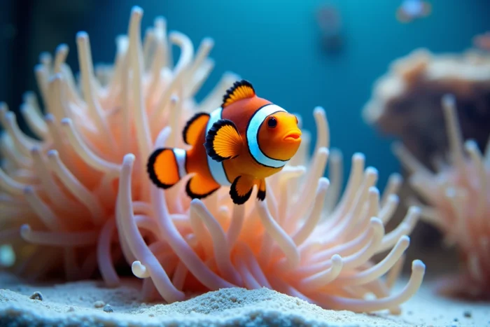 Poisson clown et anémone de mer dans un aquarium, illustrant le symbolisme de l'identité xénogenre et non-binaire dans le règne animal