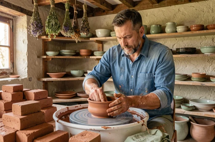 Potier français façonnant un bol en céramique sur un tour dans un atelier provençal rustique