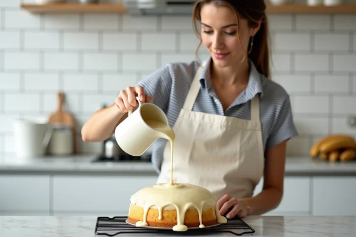 Femme versant du chocolat blanc fondu sur un moelleux à la banane dans une cuisine moderne avec plan de travail en marbre et tablier en lin crème