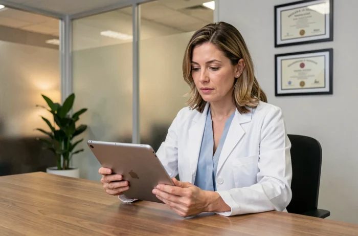 Professionnelle de santé consultant des données médicales sur une tablette dans un cabinet moderne