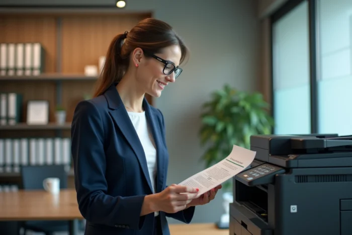 Femme professionnelle récupérant un document imprimé sur une imprimante multifonction laser couleur dans un bureau d'entreprise