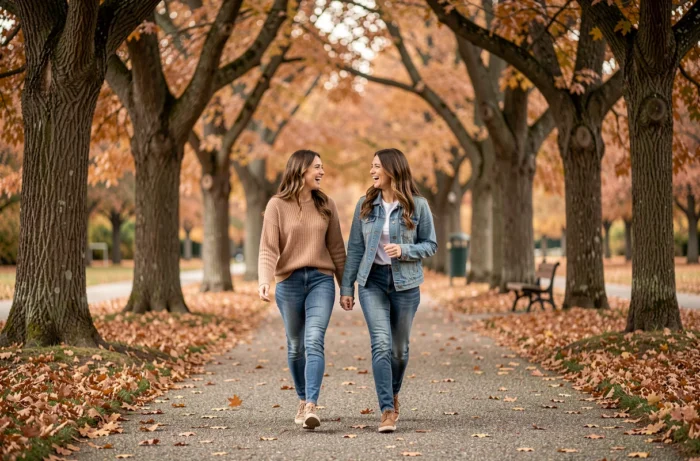 Deux femmes marchant et riant dans une allée de parc en automne, illustrant les bienfaits du mouvement et du lien social sur le bien-être