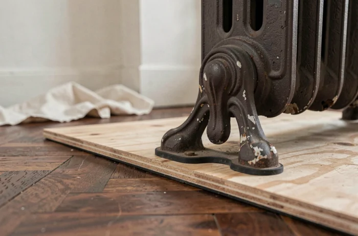 Gros plan sur la protection en contreplaqué et caoutchouc posée sous un radiateur en fonte sur parquet en noyer point de Hongrie