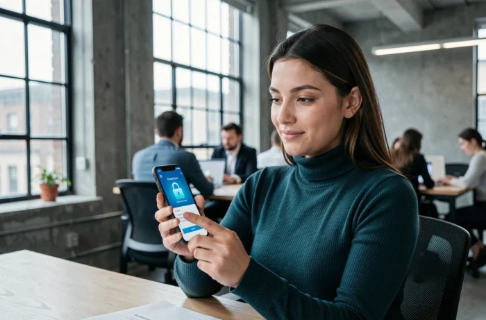 Jeune femme protégeant ses données personnelles via une application de sécurité sur smartphone dans un espace de coworking