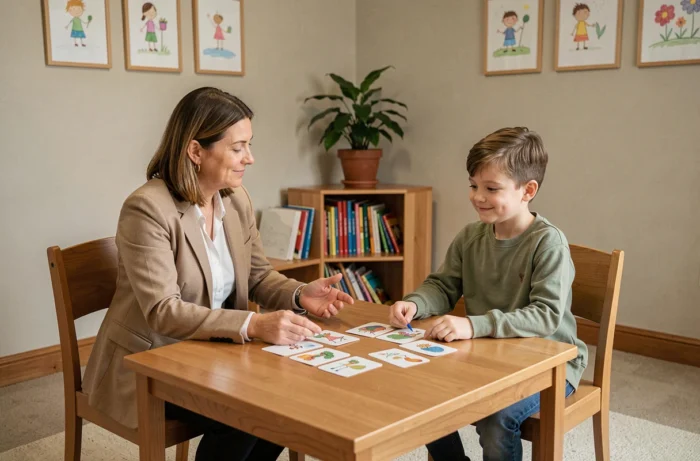 Psychologue pour enfants en séance avec un jeune garçon souffrant de peur de l'école, dans un cabinet de thérapie apaisant