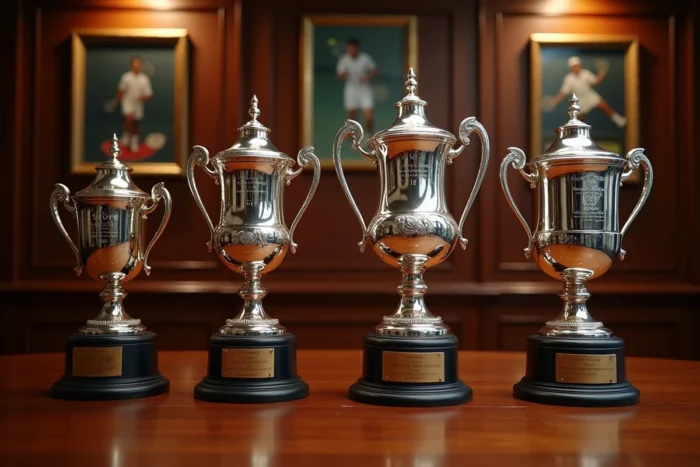 Les quatre trophées des tournois du Grand Chelem disposés côte à côte dans une salle des trophées aux boiseries sombres
