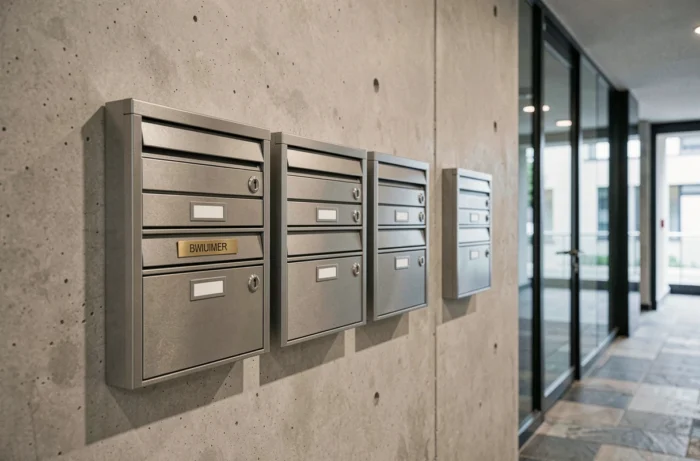 Rangée de boîtes aux lettres d'immeuble avec plaques nominatives, l'une affichant deux noms gravés sur laiton brossé