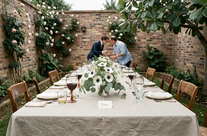 Table de réception de mariage intimiste dans un jardin clos avec décoration simple et convives en conversation, évoquant une célébration privée et sans ostentation