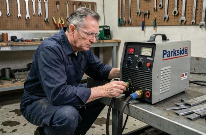 Homme réglant la vitesse du fil fourré sur un poste à souder MIG Parkside dans un atelier de bricolage