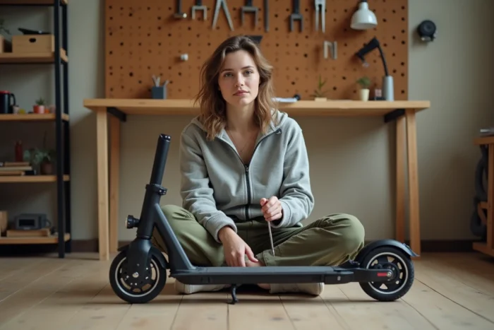 Femme réparant le guidon d'une trottinette Urban Glide 140 dans un atelier DIY à domicile