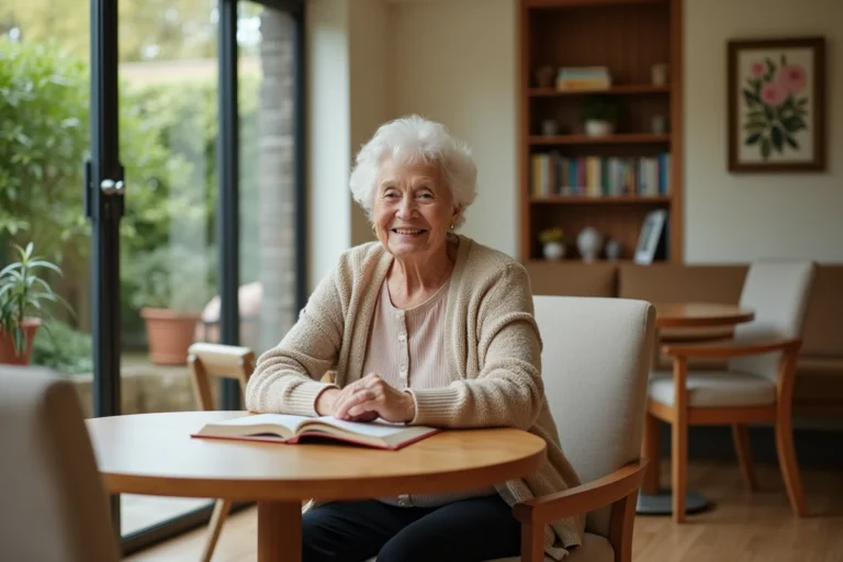Résidente senior souriante lisant dans le salon commun de la résidence Les Diagonales à Bergerac